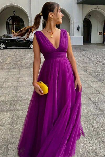 Luolandi Dark Purple V Neck A-Line Tulle Long Formal Party Dress Sexy Evening Dress Formal Dress